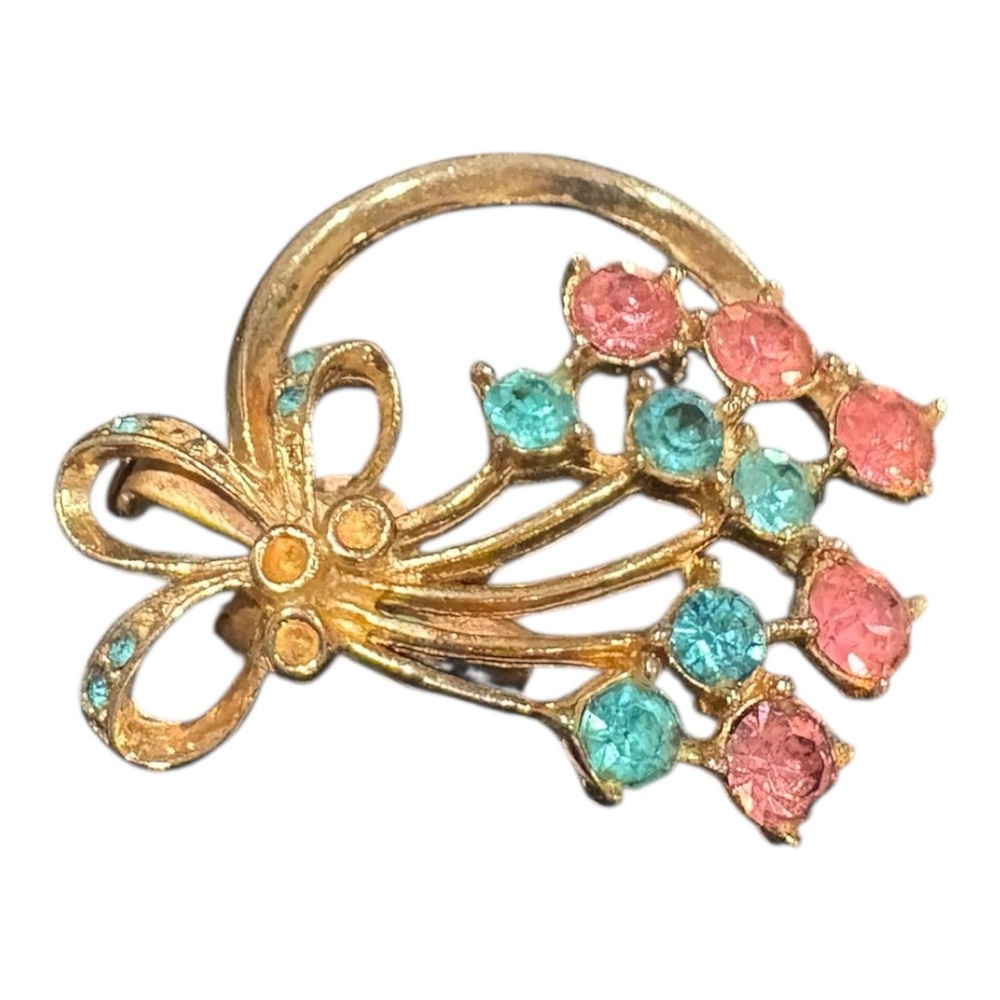 Vintage Gold Tone Bow Floral Spray Brooch Pink Blue Rhinestones